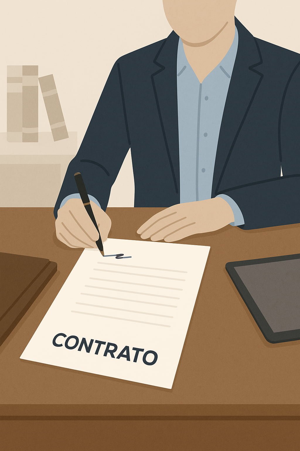 Ilustración digital que representa la asesoría legal para particulares y profesionistas independientes, con una figura revisando documentos legales sobre un escritorio