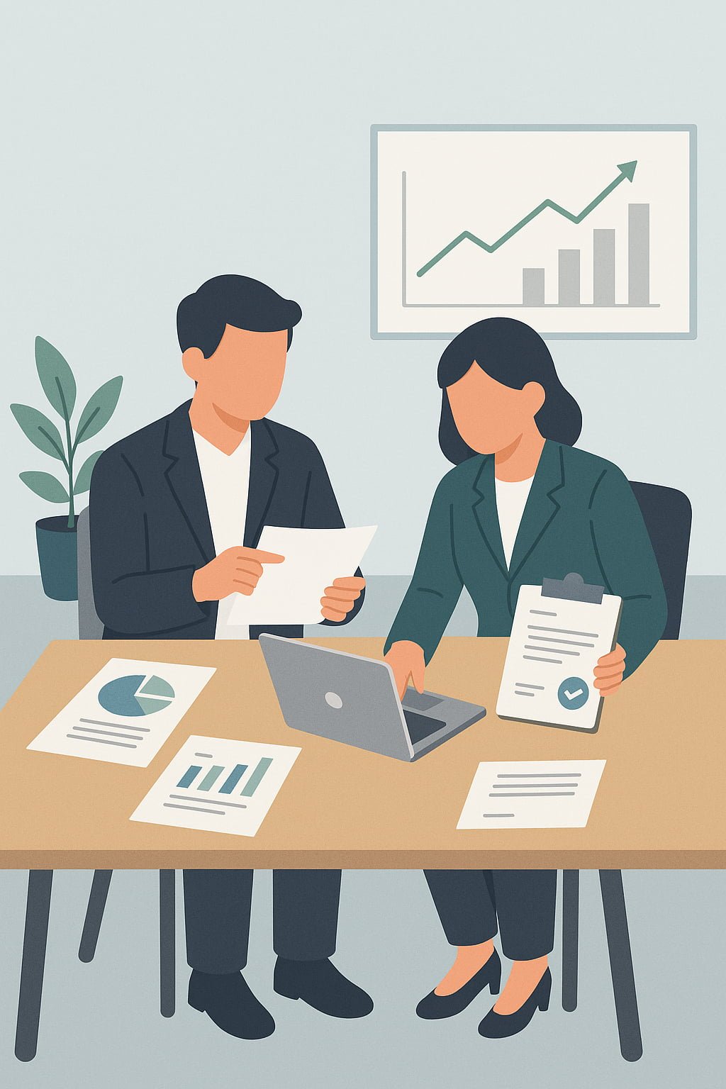 Ilustración digital de dos personas trabajando en documentos legales sobre una mesa, con gráficos y elementos empresariales que representan la asesoría jurídica para PYMEs y negocios.
