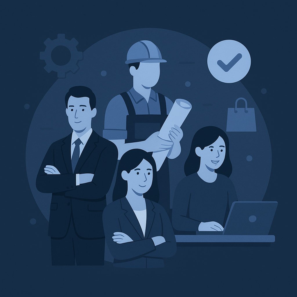 Ilustración de estilo moderno que muestra a distintos perfiles de profesionales y emprendedores —desde dueños de negocios hasta trabajadores independientes— representando el público objetivo de LegalPYME BC.