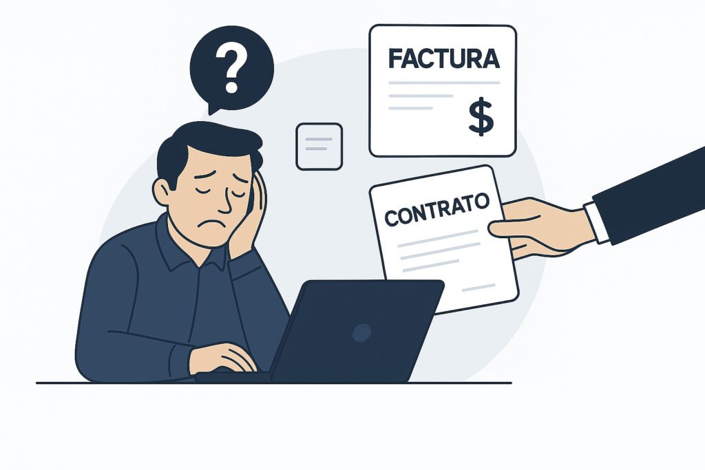 Profesionista preocupado por falta de contrato y pago, ilustración estilo flat con elementos legales como laptop, factura y contrato.