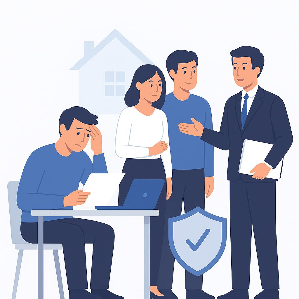 Personas consultando sobre servicios hipotecarios: profesionista preocupado, pareja recibiendo asesoría legal.