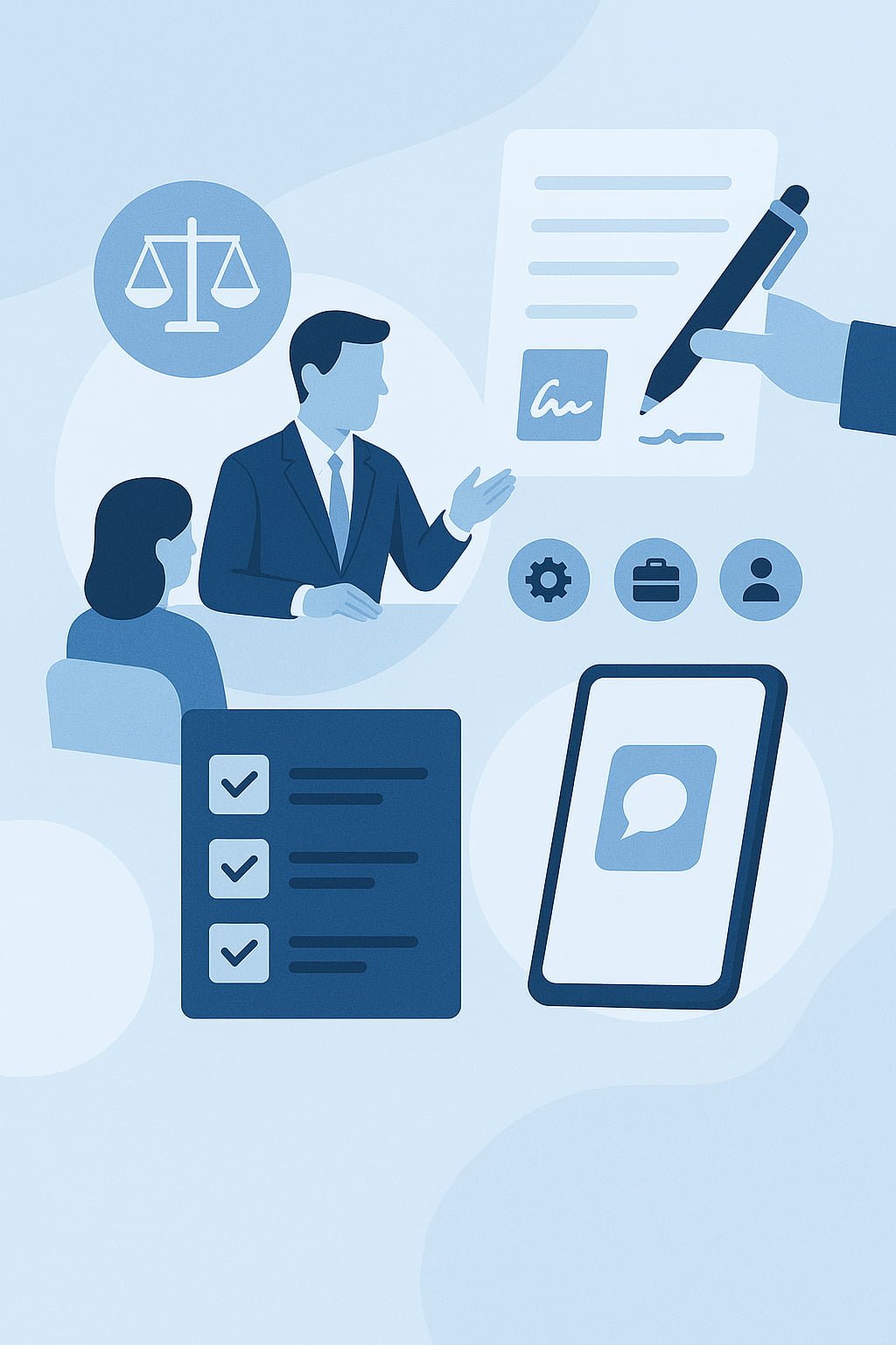 Ilustración en tonos azul y blanco que representa servicios legales para PYMEs, incluyendo atención personalizada, revisión de contratos y asesoría continua en LegalPYME BC.
