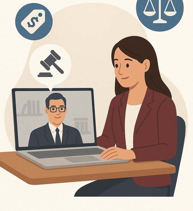 "Mujer en videollamada con abogado durante una consulta legal en línea, con íconos de precios y justicia que transmiten confianza y accesibilidad."